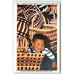 Vintage Linen Cherokee Native Products Postcard Great Smoky Mtns NC